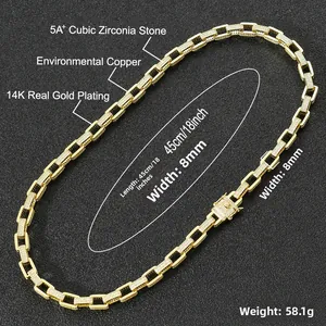 Detail of 14K gold plated box chain link with 5A+ cubic zirconia and thick buckle