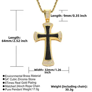 Detail view of 64mm hip hop cross pendant with 5A zircons and 24-inch rope chain