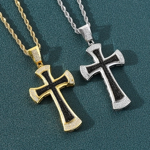 Hip hop cross pendant necklace with black and clear stones on gold and silver rope chain