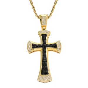Hip hop black cross pendant necklace with gold plating and cubic zirconia stones