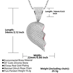 Detailed dimension guide for hip hop broken heart pendant with micro pave cz stones