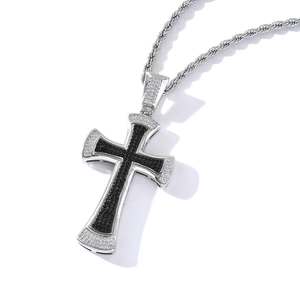 Hip hop silver cross pendant with black and white cubic zirconia on a rope chain