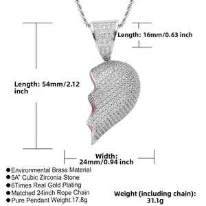 Detail view of silver broken heart pendant with micro-paved zircons and 24-inch rope chain