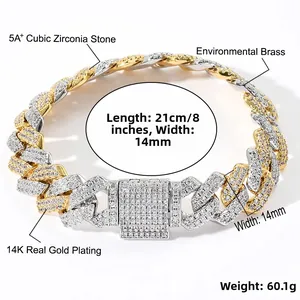 Détails du bracelet gourmette bicolore 14mm avec pierres CZ 5A+ et placage en or 14K