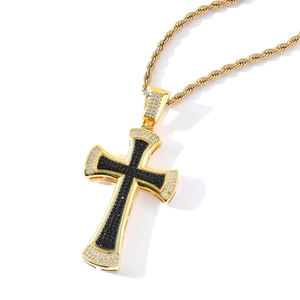 Hip hop black and gold cross pendant necklace with micro-paved zircons and twist chain