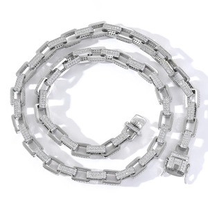 Hip hop silver box chain necklace with rectangle links and paved white cubic zirconia