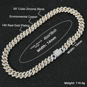 Détail de la chaîne cubaine de 14mm plaquée or et argent avec pierres de zircone