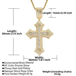 Spécifications du pendentif croix hip-hop doré avec zircone cubique et chaîne torsadée