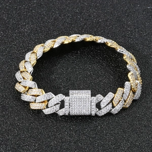 Bracelet cubain Hip Hop 14mm bicolore or et argent serti de zircons étincelants