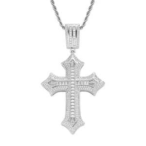 Collier Pendentif Croix Hip Hop Iced Out Zircone Baguette Bijoux pour Hommes Cuivre Or Argent Plaqué Chaîne Corde Accessoire