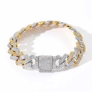 Bracelet cubain bicolore de 14mm avec micro-zircons et fermoir à boîte style hip-hop