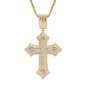 Pendentif croix hip hop dorée avec zircons carrés et chaîne corde pour hommes