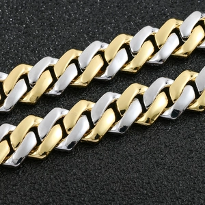 Bracelet cubain bicolore de 14mm avec zircons micro-paves en finition or et argent
