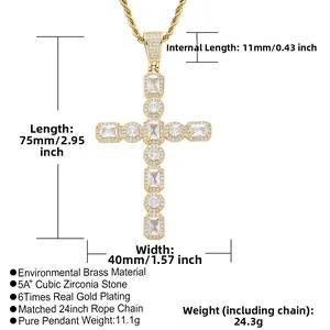 Détail macro du pendentif croix avec zircons 5A+ et chaîne torsadée de 24 pouces