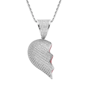 Hiphop half broken heart pendant necklace with red detail and micro pave cubic zirconia
