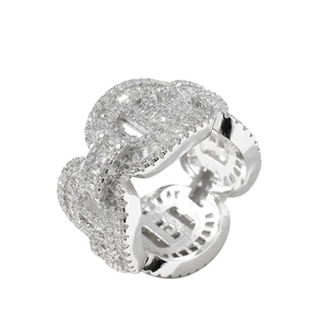 Hip-hop silver Cuban chain ring with square and round cubic zirconia pavé setting