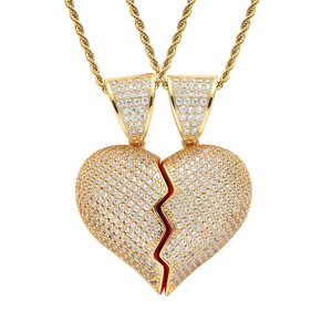 Hip hop heart pendant necklace set with micro-pave cubic zirconia on twisted rope chains