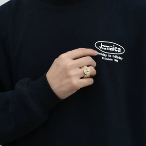 Hip hop style gold wide band ring for men fully encrusted with white cubic zirconia stones