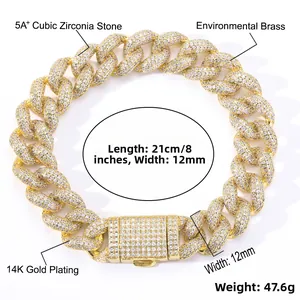 Detailed spec view of 12mm Cuban link bracelet with 14K gold plating and 5A cubic zirconia