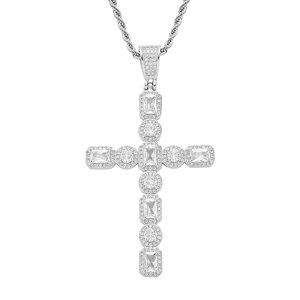 Pendentif croix argenté hip-hop avec pierres de zircone cubique rectangulaires