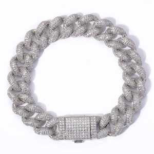 Detail of 12mm silver Cuban link bracelet with micro-pave white zircon box clasp