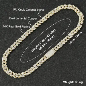 Macro-opname van 10 mm gouden Cubaanse ketting met 5A+ zirkoon pavé en 14K plating
