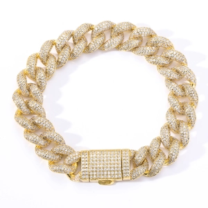 18K gold plated 12mm Cuban link bracelet with iced out cubic zirconia for hiphop style