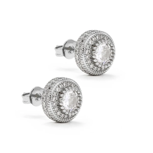 Hiphop silver round stud earrings with pave-set cubic zirconia and central stone