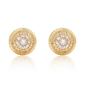 Macro shot of rose gold hip-hop round stud earrings with halo cubic zirconia stones