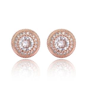 Detail of rose gold round cluster stud earrings with zircons and milgrain edging