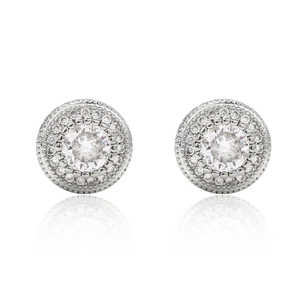 Macro shot of silver hiphop stud earrings with double halo round zircon stones