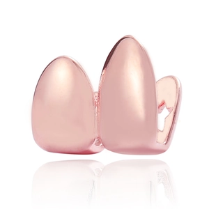 Grillz hip-hop per due denti in oro rosa con ritaglio a stella e finitura lucida