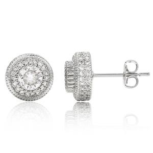 Detailed view of hip hop round silver earrings with central zircon and pavé diamond setting