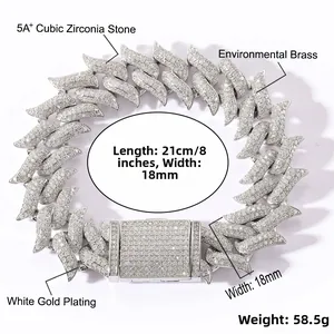 Détails du bracelet Miami cubain de 18mm avec placage en or blanc et zircons cubiques 5A+