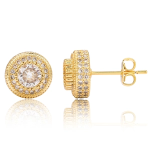 Hiphop round rose gold earrings with double halo cubic zirconia for men and women