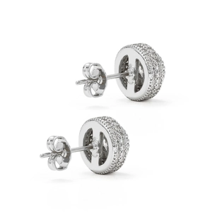 Macro view of round hip hop stud earrings with H-shaped hollow back and pavé zircons