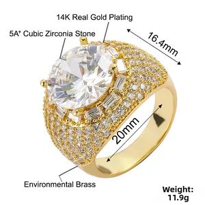 Macro view of 14K gold plated brass ring with 5A+ zircon stones and detailed dimensions