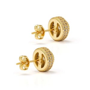 Detail of round rose gold hip hop earrings with white zircon and H-shaped cutout back
