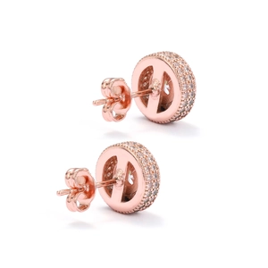 Close-up of rose gold H-logo earrings with micro-paved white cubic zirconia stones