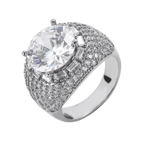 Men hip hop ring with large round solitaire zircon and sparkling silver metal finish