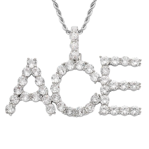 Collana con ciondolo lettera ACE hip hop con zirconi pavé su catena a corda argento
