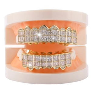 Baguette-cut iced out 8-tooth hip hop grillz set for men and women in gold plating