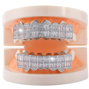 Hip hop silver dental grills set with micro-paved sparkling cubic zirconia for men and women