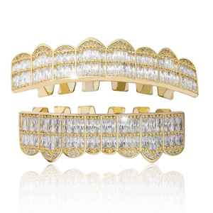 Hip Hop Iced Out Baguette Zirconia Dental Grills Set Copper Real Gold Plated Teeth Grills For Men Women Party Jewelry Accessory