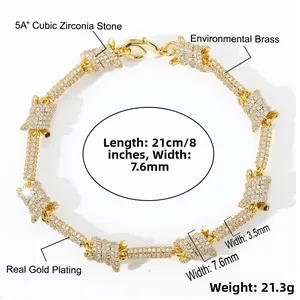 Close-up of industrial wire style brass bracelet with real gold plating and 5A+ cubic zirconia