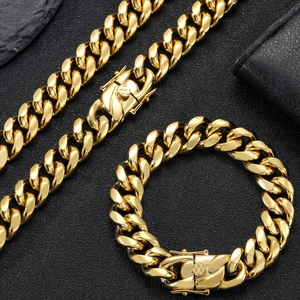 Men's gold-plated stainless steel Cuban link chain necklace and bracelet jewelry set