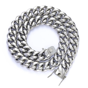 Polished silver stainless steel Cuban link chain necklace with detailed buckle clasp
