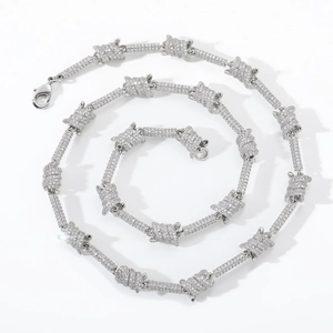 Silver tone barbed wire Cuban link chain necklace with full pave cubic zirconia stones
