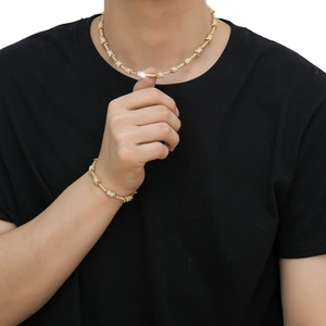 Hip hop gold plated bamboo chain necklace and bracelet set with cubic zirconia stones