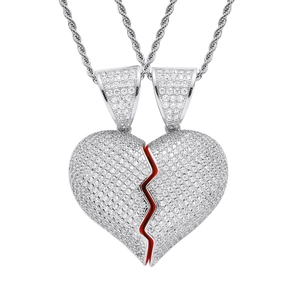 Silver broken heart magnetic couple necklace with pavé zircons and red inner details